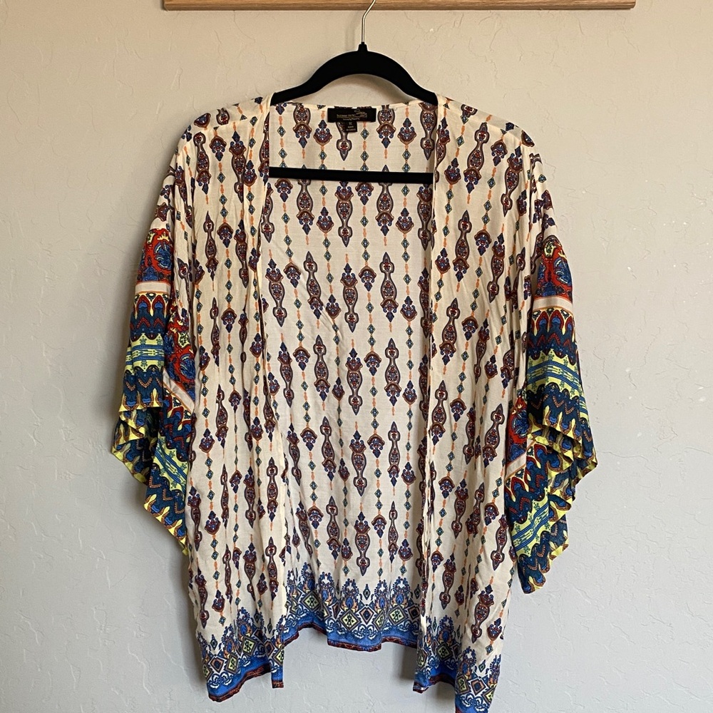 Suzanne Betro 1X Bohemian Geometric Multicolor Kimono Jacket Rayon Short Sleeve